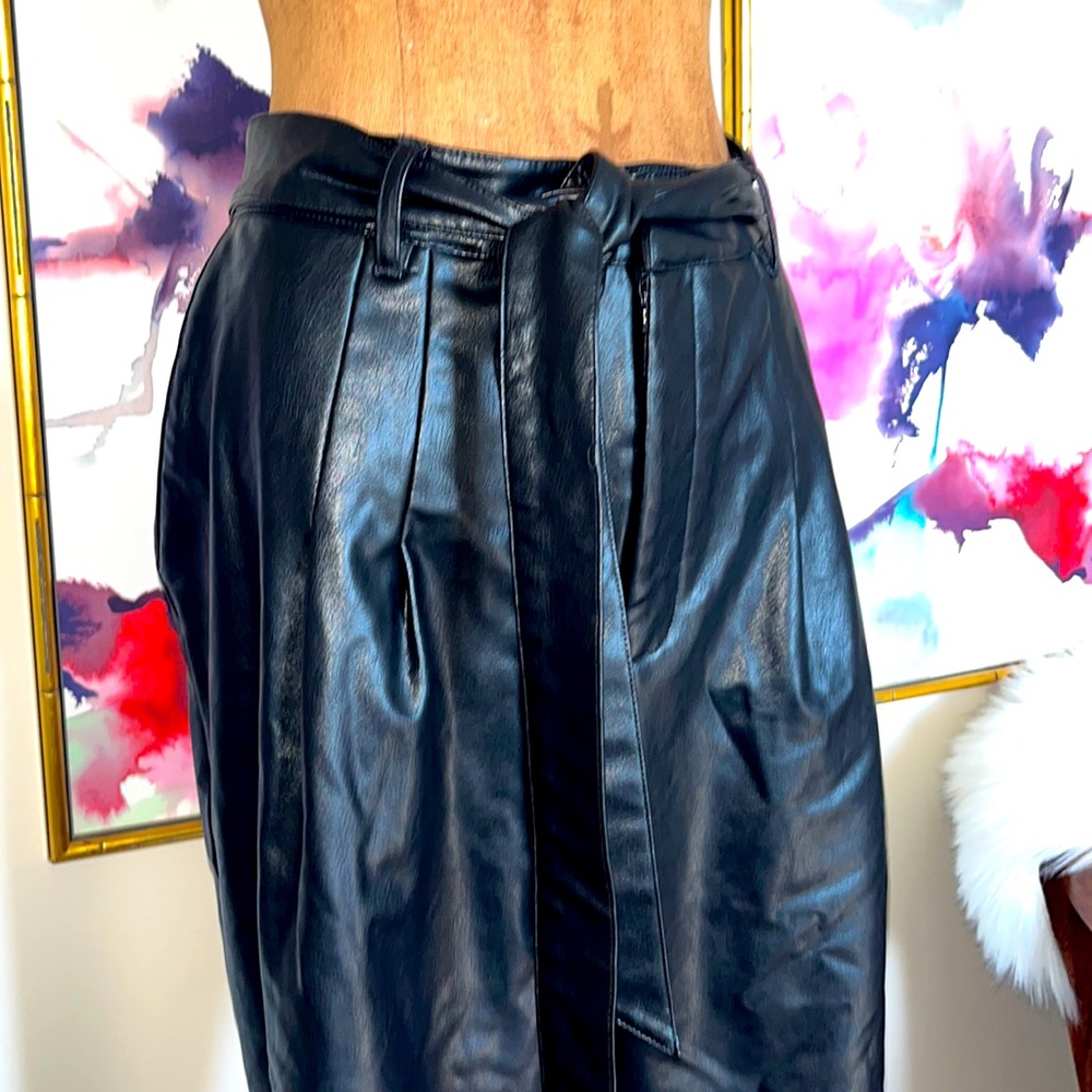 Express faux leather,paper-bag waist, black ankle pant